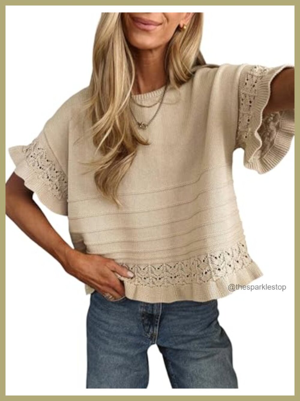 Womens Short Sleeve Knit Sweater Ruffled Hem Crochet Pullover Casual Top